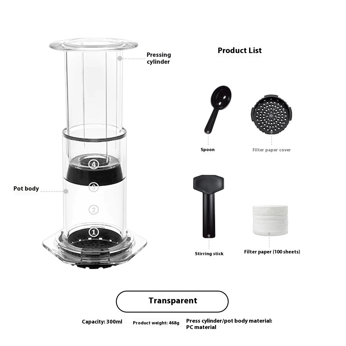 Machine à café portable extérieure à pression manuelle avec pot transparent
